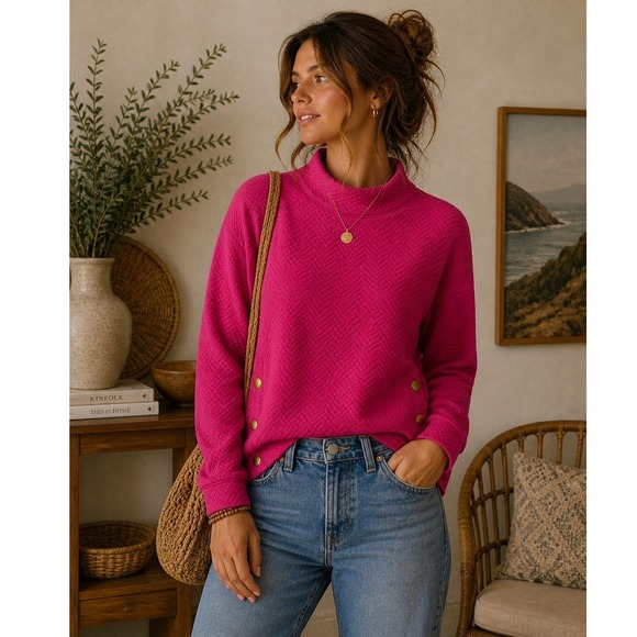J.Crew Sweaters - J.Crew Pink Herringbone Quilted Mock Neck Side Snap Pullover Preppy Size Small